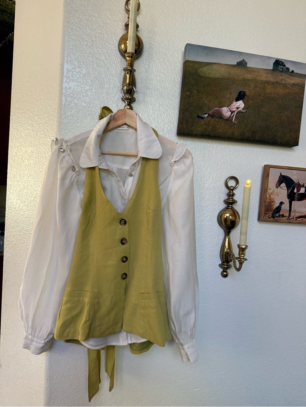 Women’s Olive Green Linen Button-Front, Tie-Back Vest